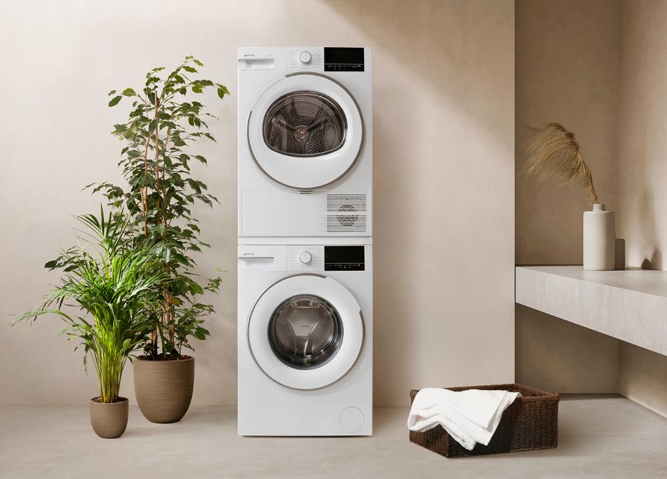 Asciugatrice ed asciugatrice installate a colonna in ambiente con vasi e piante da interno
