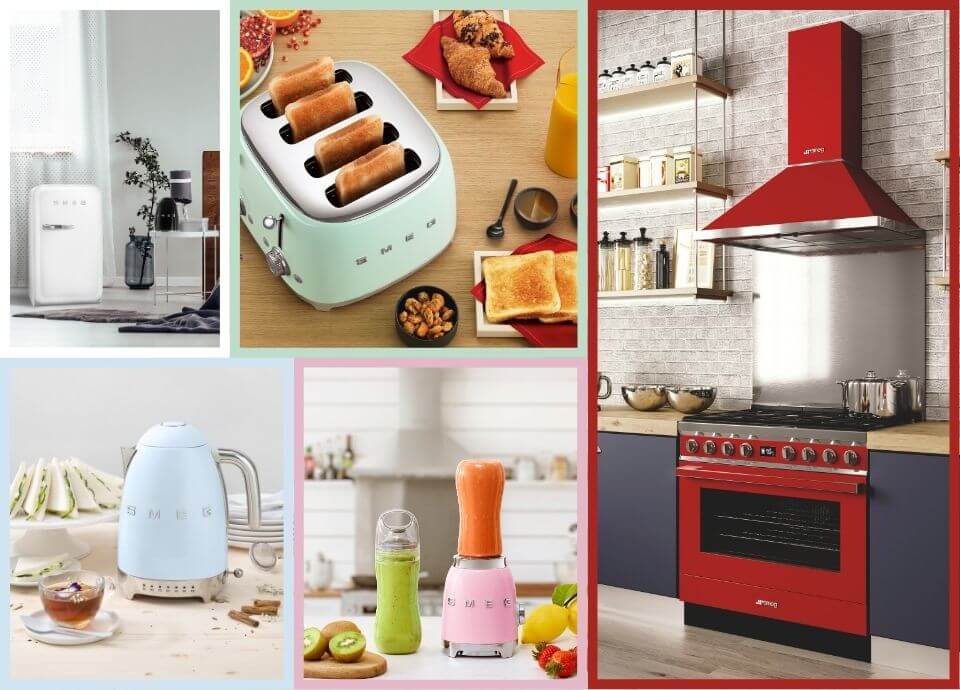 Colourful kitchen including green toaster, red range cooker, blue kettle, pink blender and a white fridge