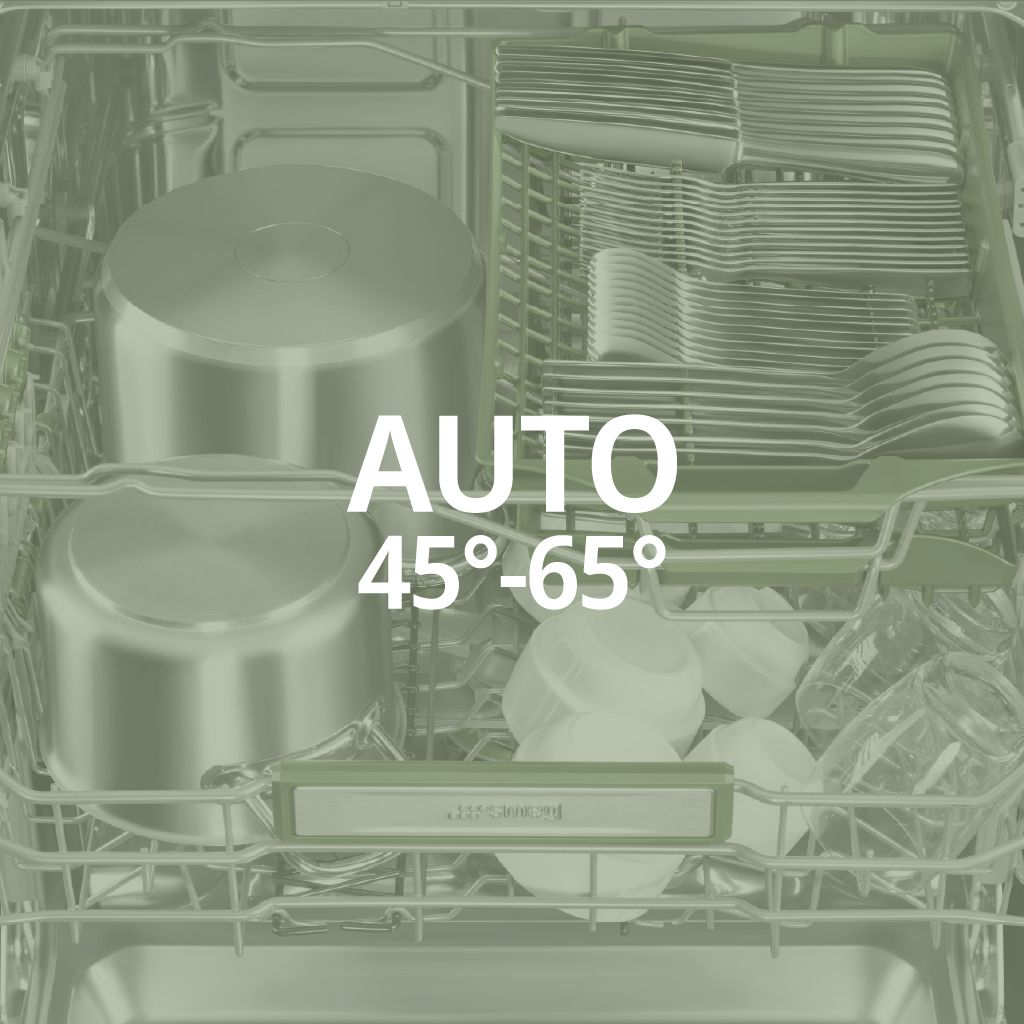 Icon with the text AUTO 45°–65°. In the background, a dishwasher interior with clean dishes, pots, and cutlery