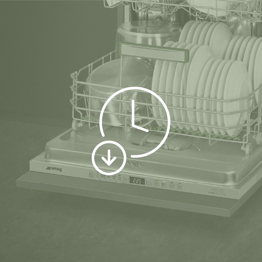 A dishwasher loaded with dishes, featuring an icon of a clock with an arrow, indicating a delay start function.
