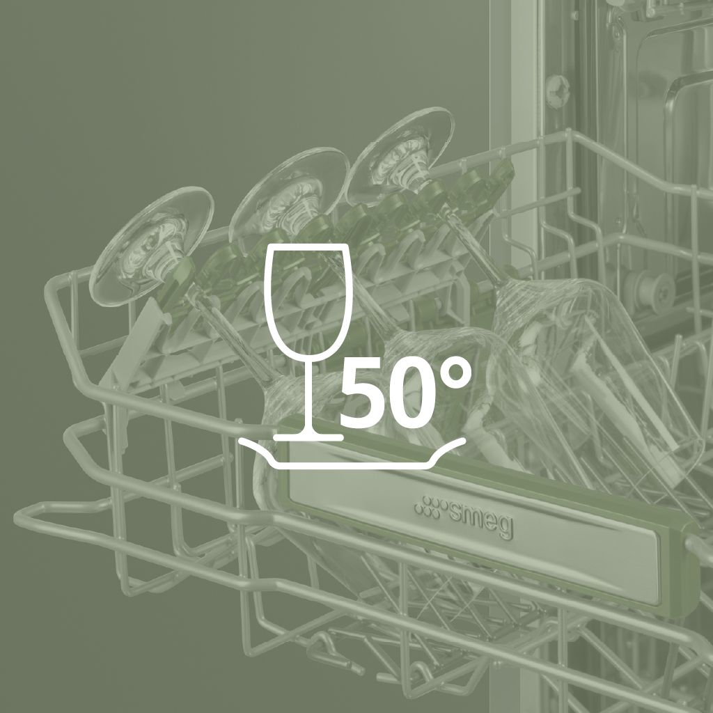 Un calice da vino con il simbolo di 50° davanti. Sullo sfondo, calici da vino sono sistemati nel cestello inferiore di una lavastoviglie.