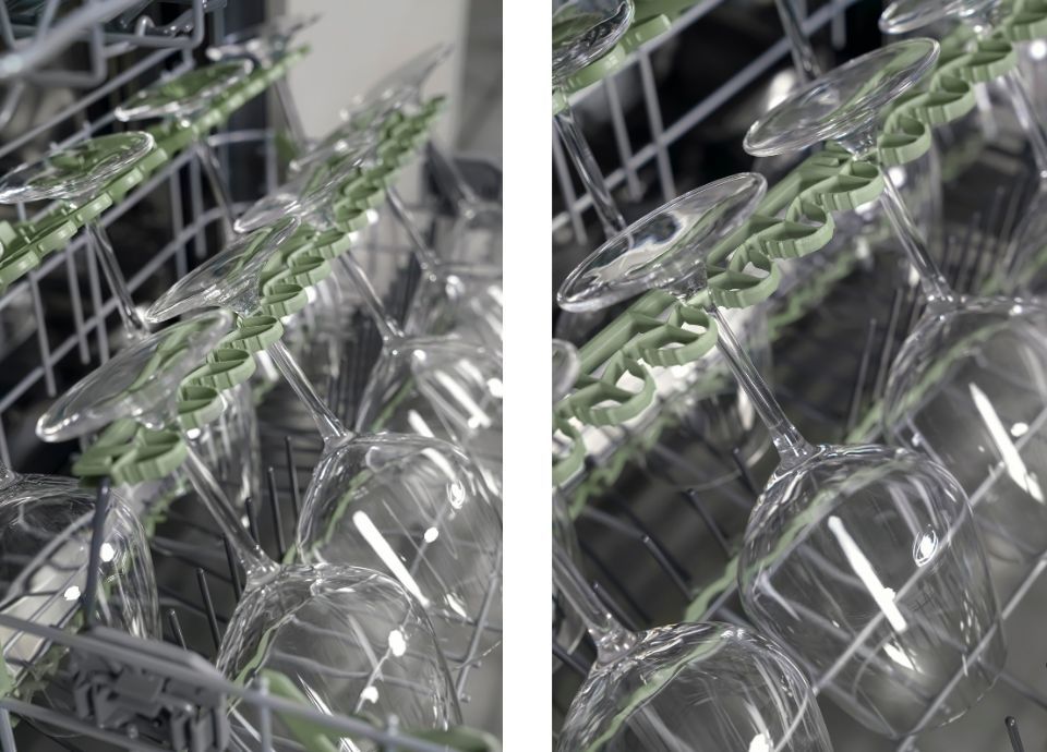 Calici da vino nel cestello inferiore della lavastoviglie tenuti saldamente dal design WinePro, prevenendo rotture o danni